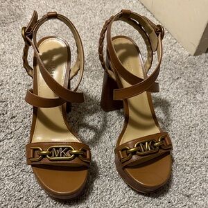 Michael Kors Tan Heeled Sandals with Gold Accent